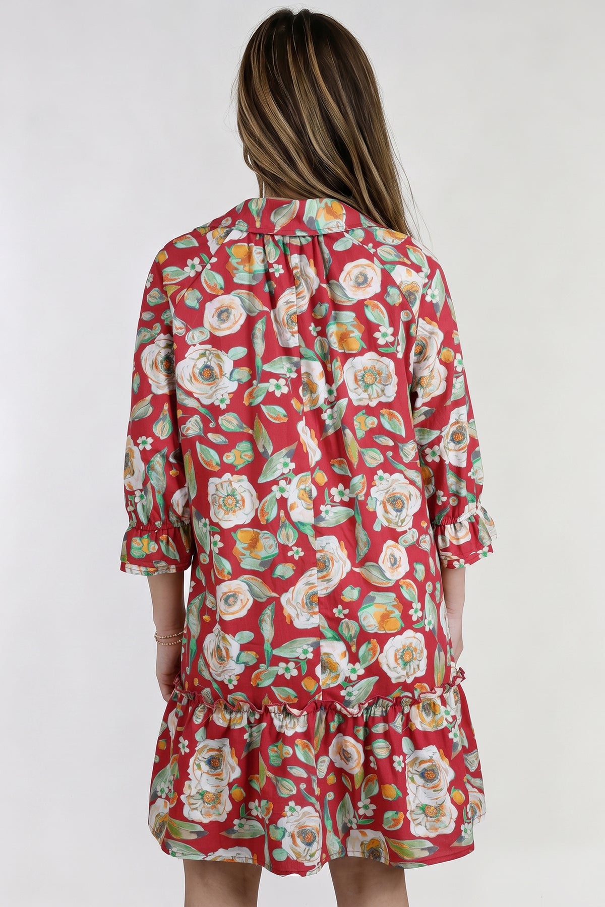 Red 100% Cotton Floral Print Half Sleeve Short Shift Dress