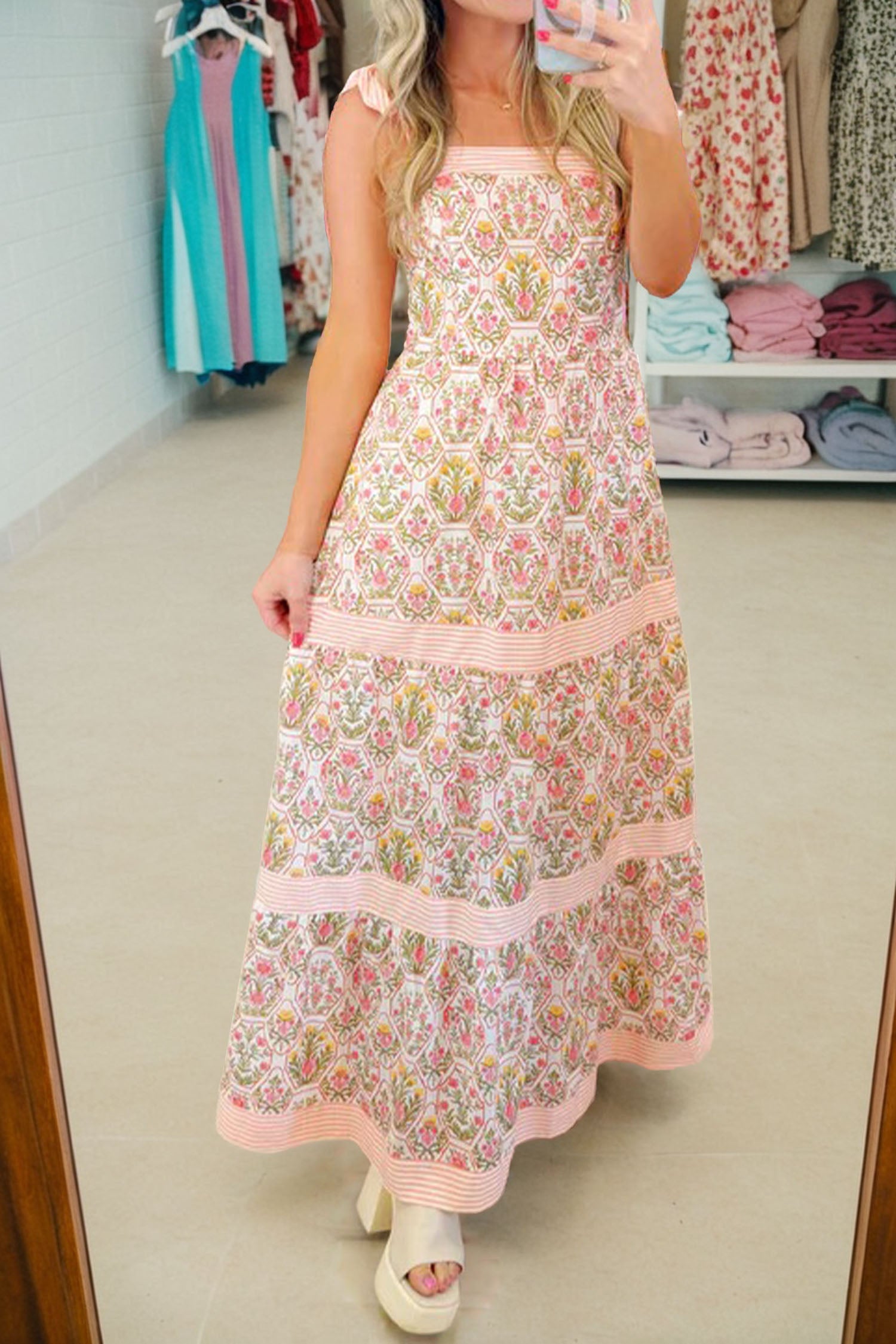 Pink Geometric Floral Print Striped Patchwork Detail Sleeveless Dress（Runs Small ） Secondary image