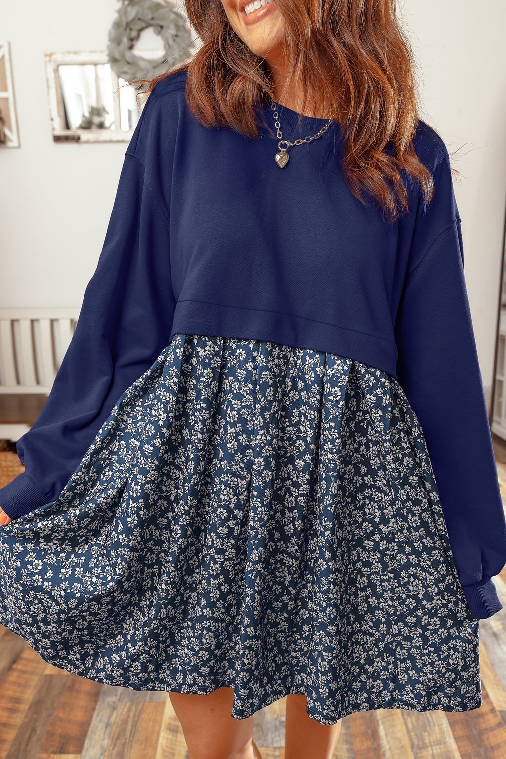 Orange Solid Long Sleeve Patchwork Floral Flared 2-in-1 Mini Dress