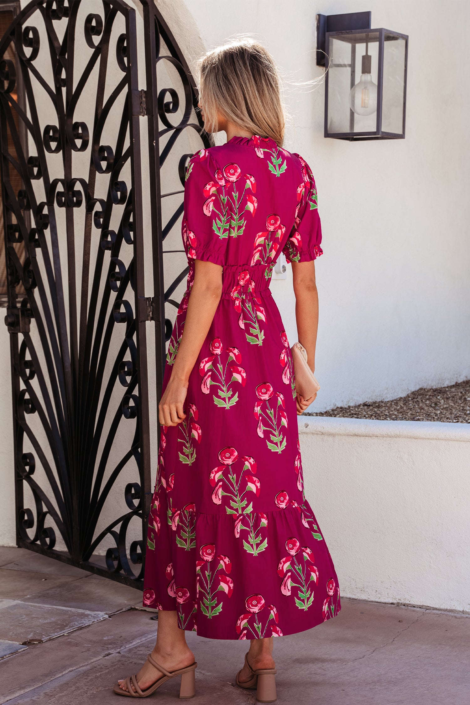 Red Floral Print Frilled V Neck Short Sleeve Ruffle Maxi Dress Secondary image