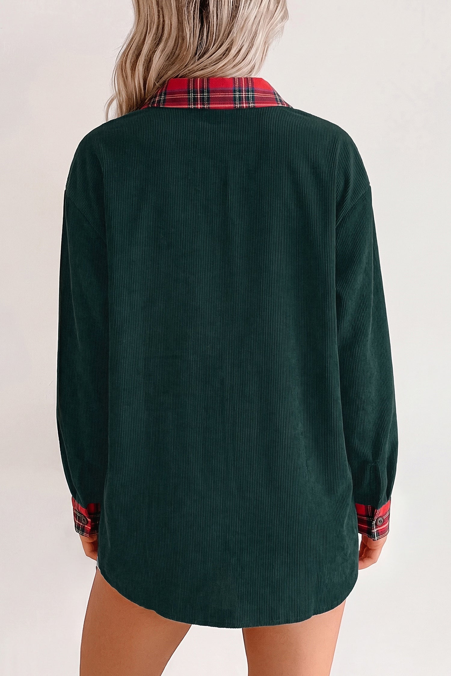 Blackish Green Plaid Pocket Button Long Sleeve Shift Shacket Secondary image