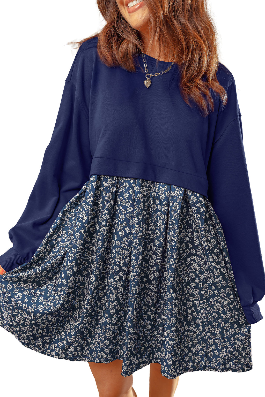 Orange Solid Long Sleeve Patchwork Floral Flared 2-in-1 Mini Dress