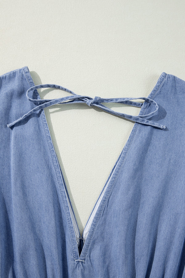 Myosotis 100% Cotton Chambray Deep V Neck Bracelet Sleeve Maxi Dress