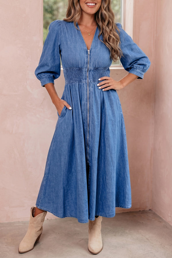 Blue 100% Cotton V Neck Shirred Waist Metal Zipper Denim Midi Dress