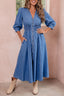 Blue 100% Cotton V Neck Shirred Waist Metal Zipper Denim Midi Dress