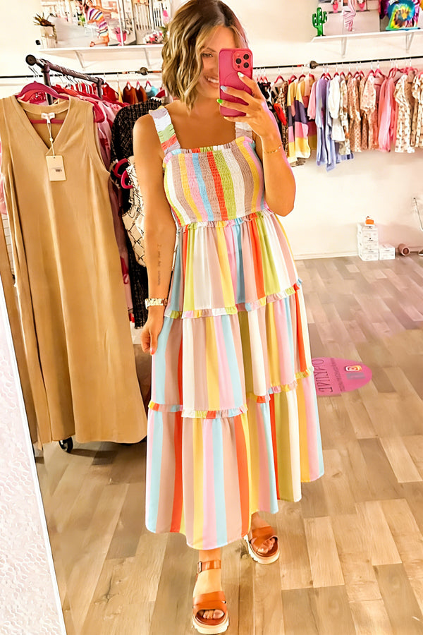 Green Striped Print Shirred Frilly Tiered Maxi Dress