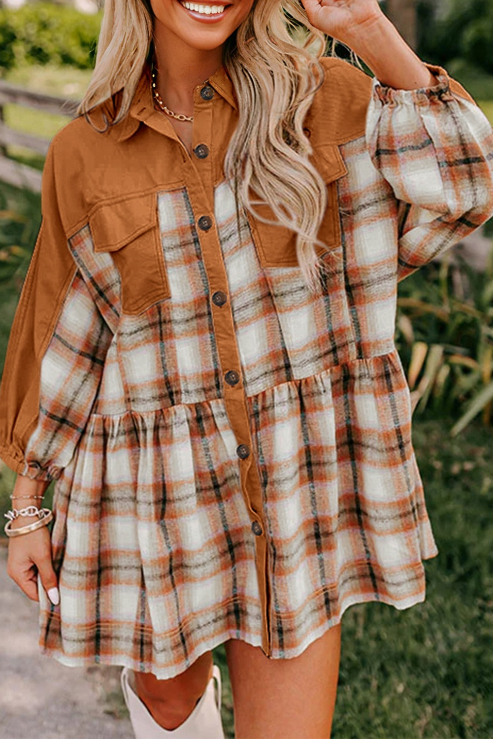 Khaki Plaid Color Block Patchwork Ruffle Hem Tunic Shirt Dress Main image