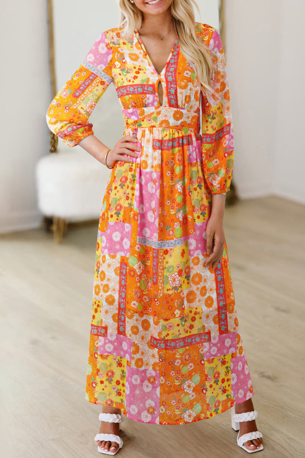 Orange Floral Patchwork Print Cut out Tied Back Bracelet Sleeve Maxi Dress Secondary image