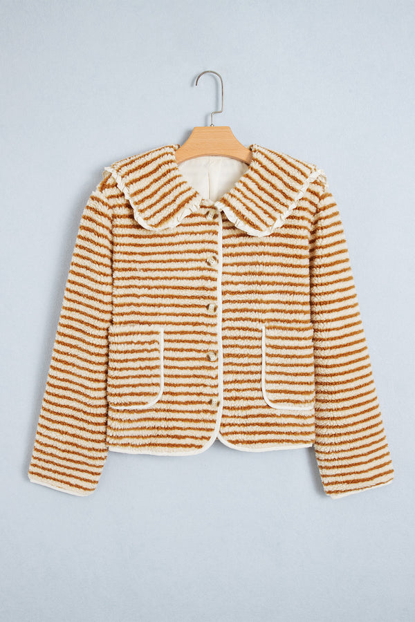Brown Stripe Striped Fleece Button Front Long Sleeve Regular Fit Jacket