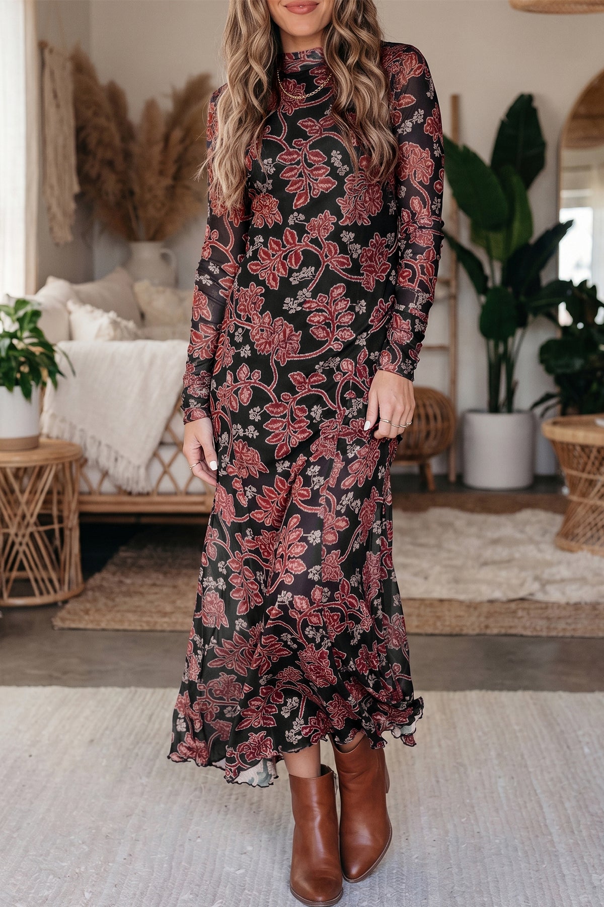Black Retro Floral Print Long Sleeve Casual Mesh Dress Main image
