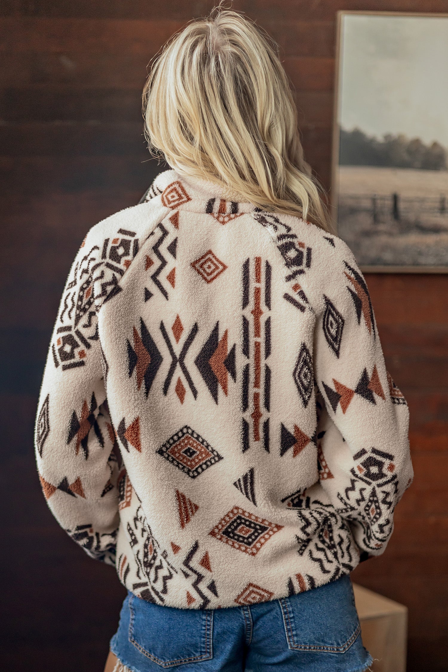 Beige Geometric Print Long Sleeve Shirt Collar Zip-up Placket Binding Tape Jacket Secondary image