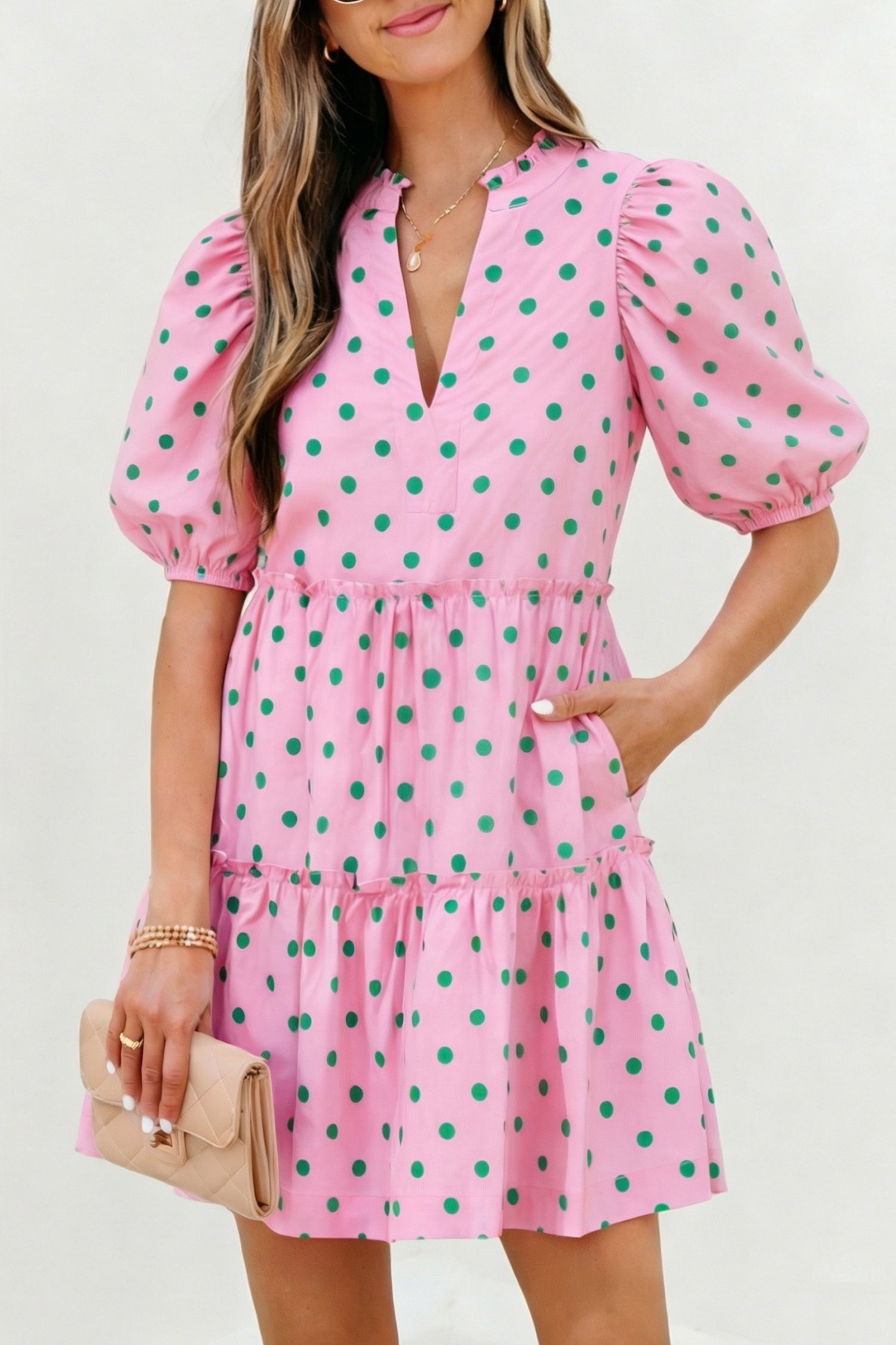Pink Polka Dot Print V Neck Short Sleeve Tiered Mini Dress Secondary image