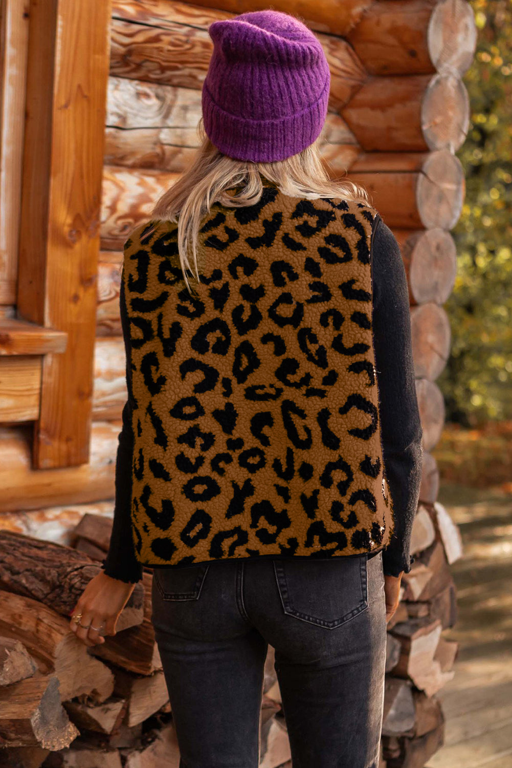 Black Leopard Print Sherpa Vest Coat