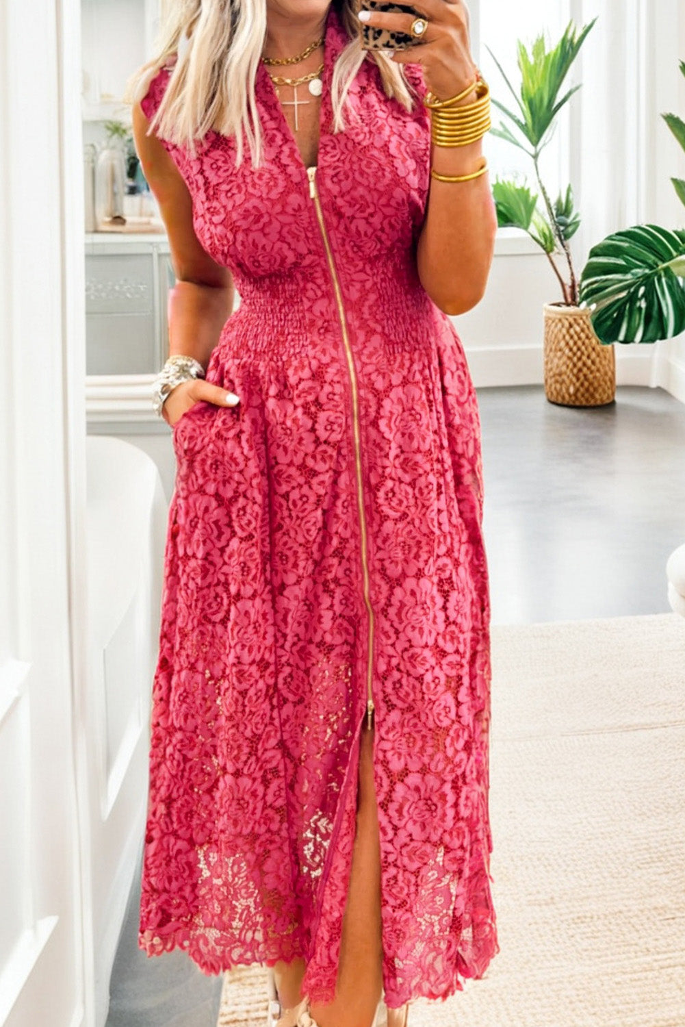 Coral Floral Lace Overlay Zip Up V Neck Smocked Waist Sleeveless Dress Main image