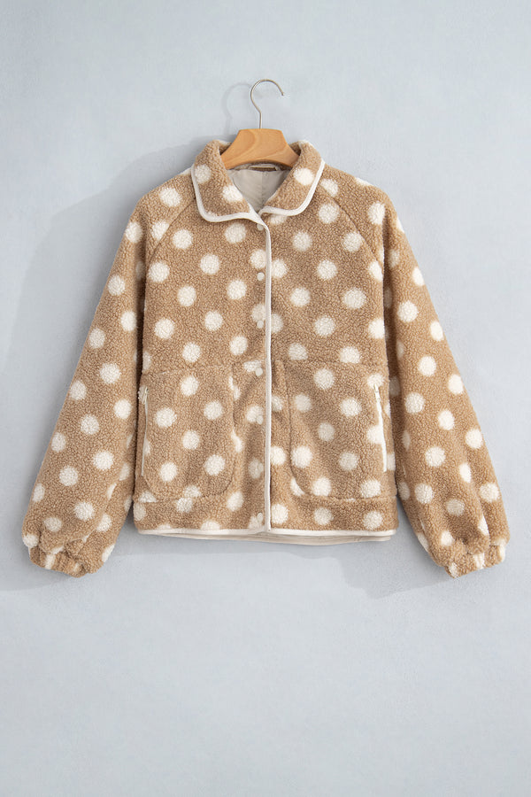 Khaki Polka Dot Faux Fur Metal Button Placket Shift Silhouette Jacket