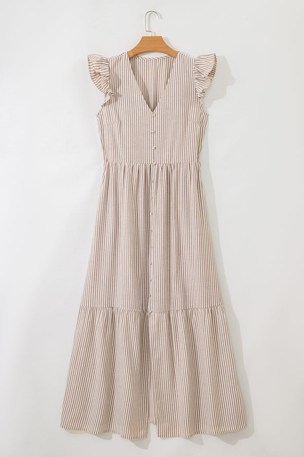 Khaki Stripe Flutter Sleeve Buttoned Front Slit Maxi Dress