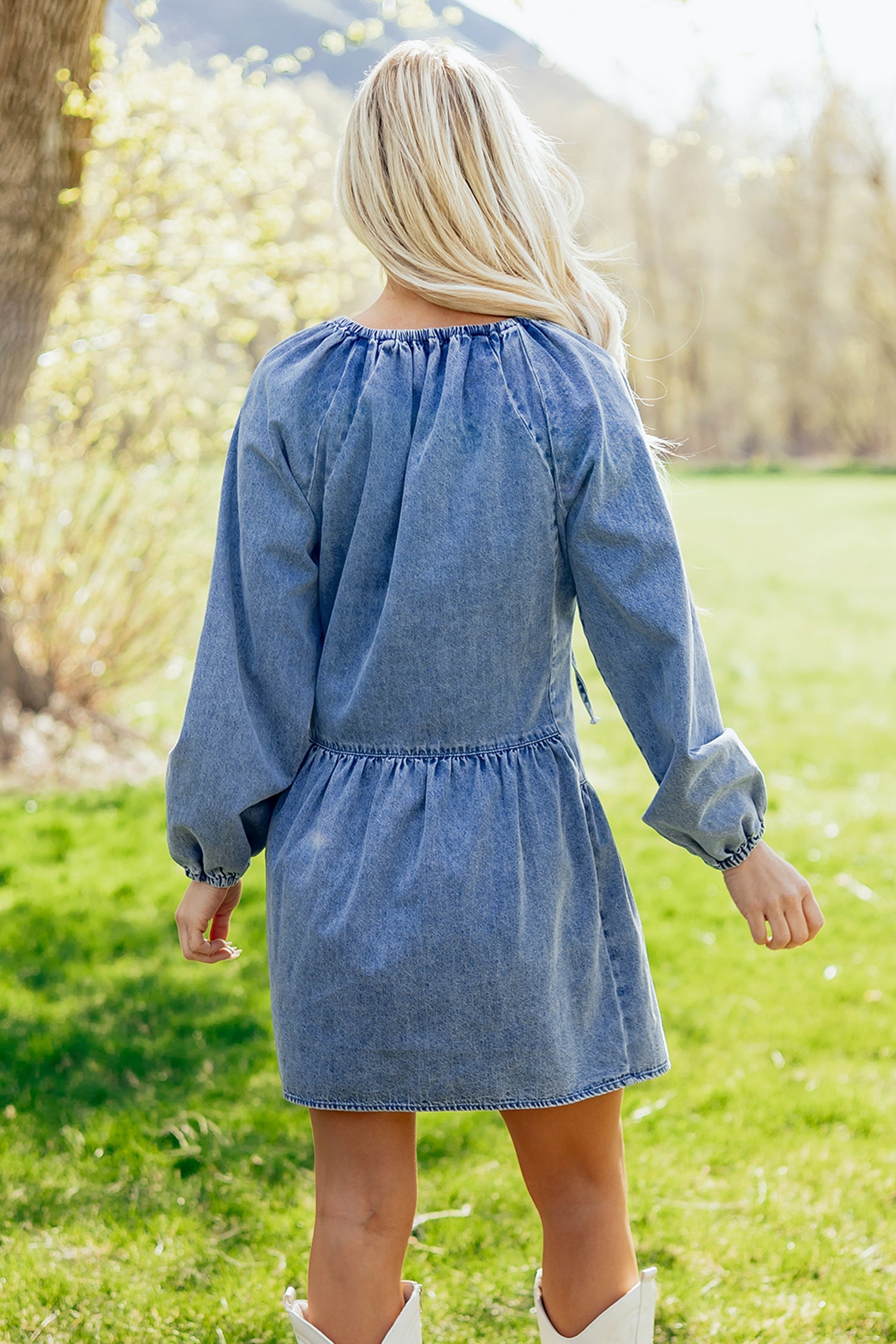 Myosotis Puff Sleeve V Neck Ruffled Loose Denim Mini Dress Secondary image