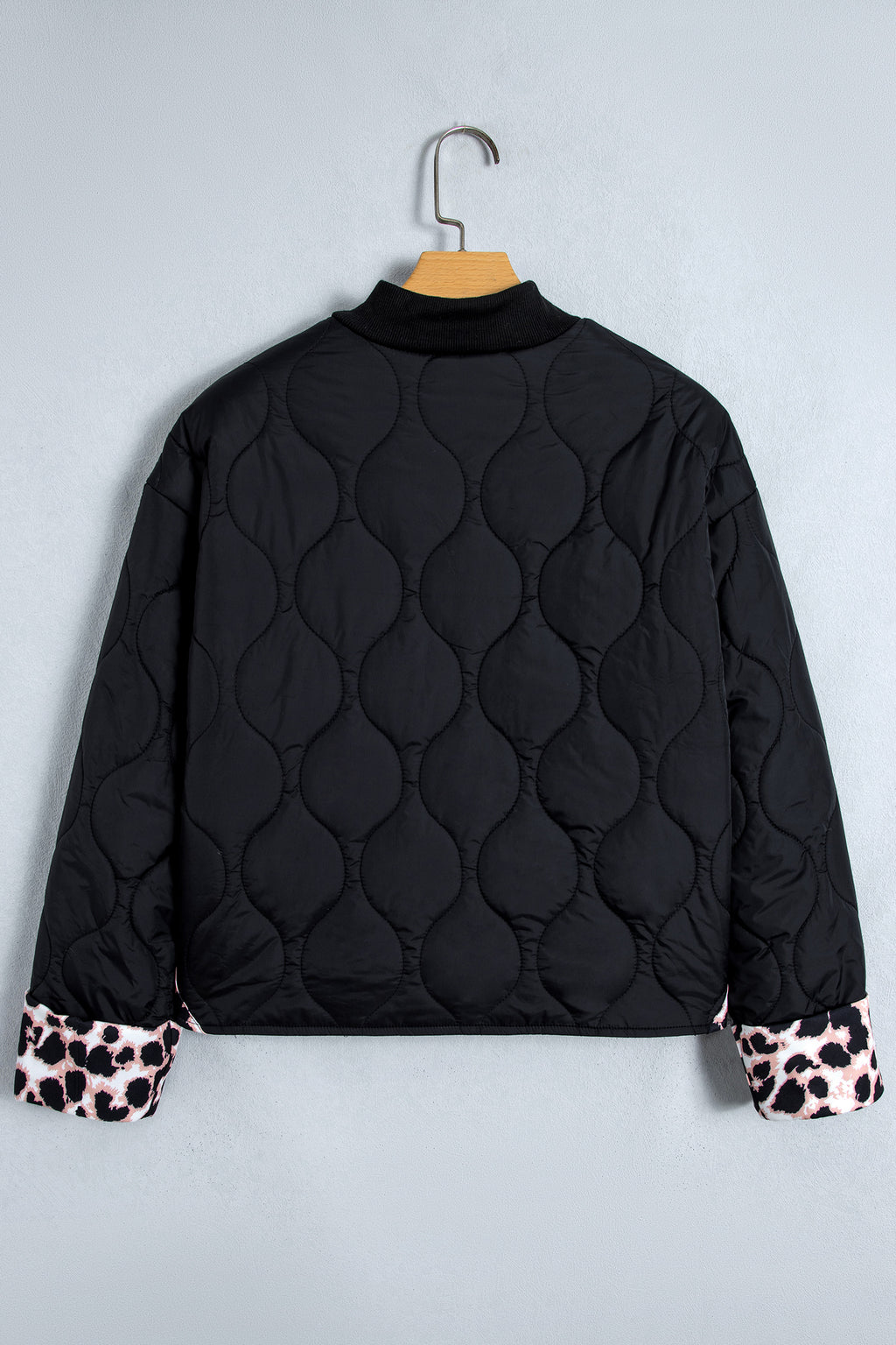Black Retro Quilted Leopard Cuff Button Down Puffer Jacket