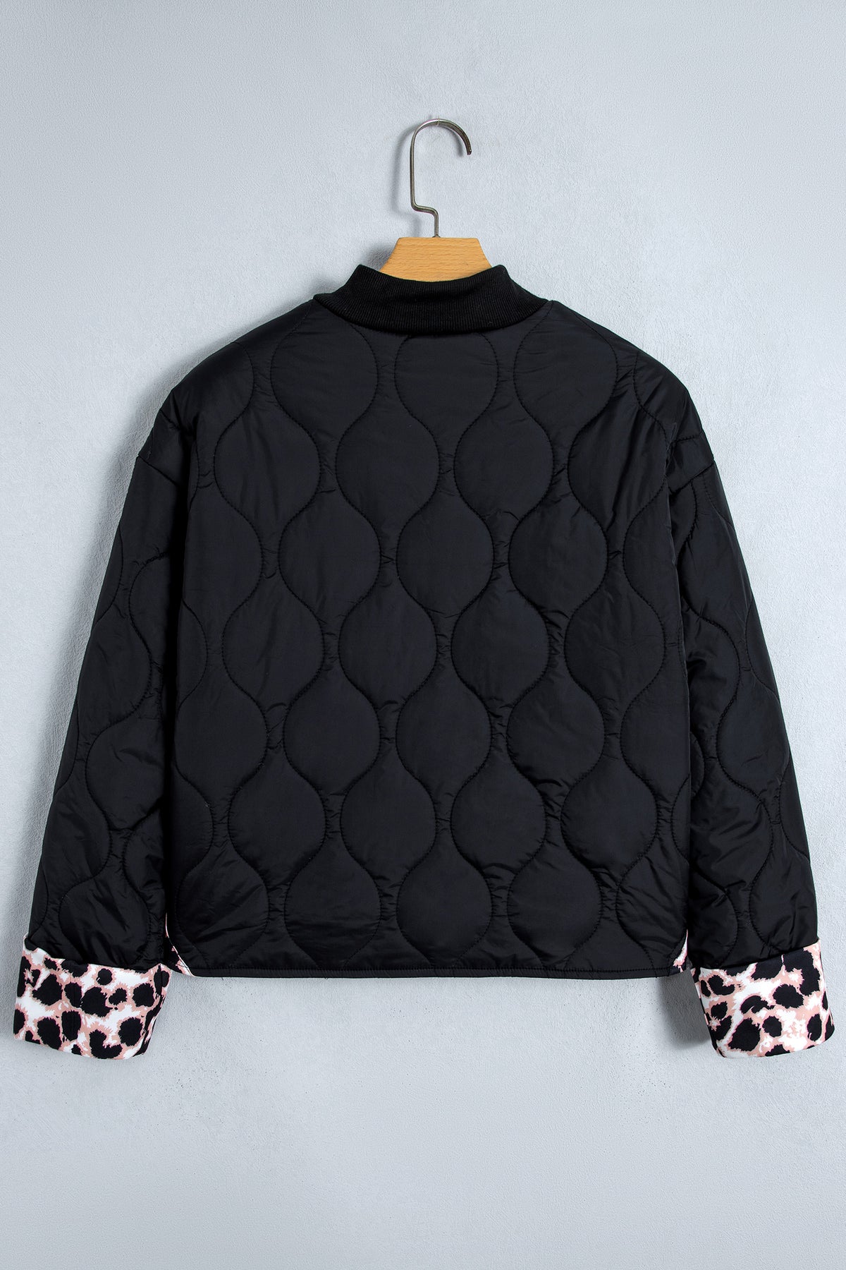 Black Retro Quilted Leopard Cuff Button Down Puffer Jacket