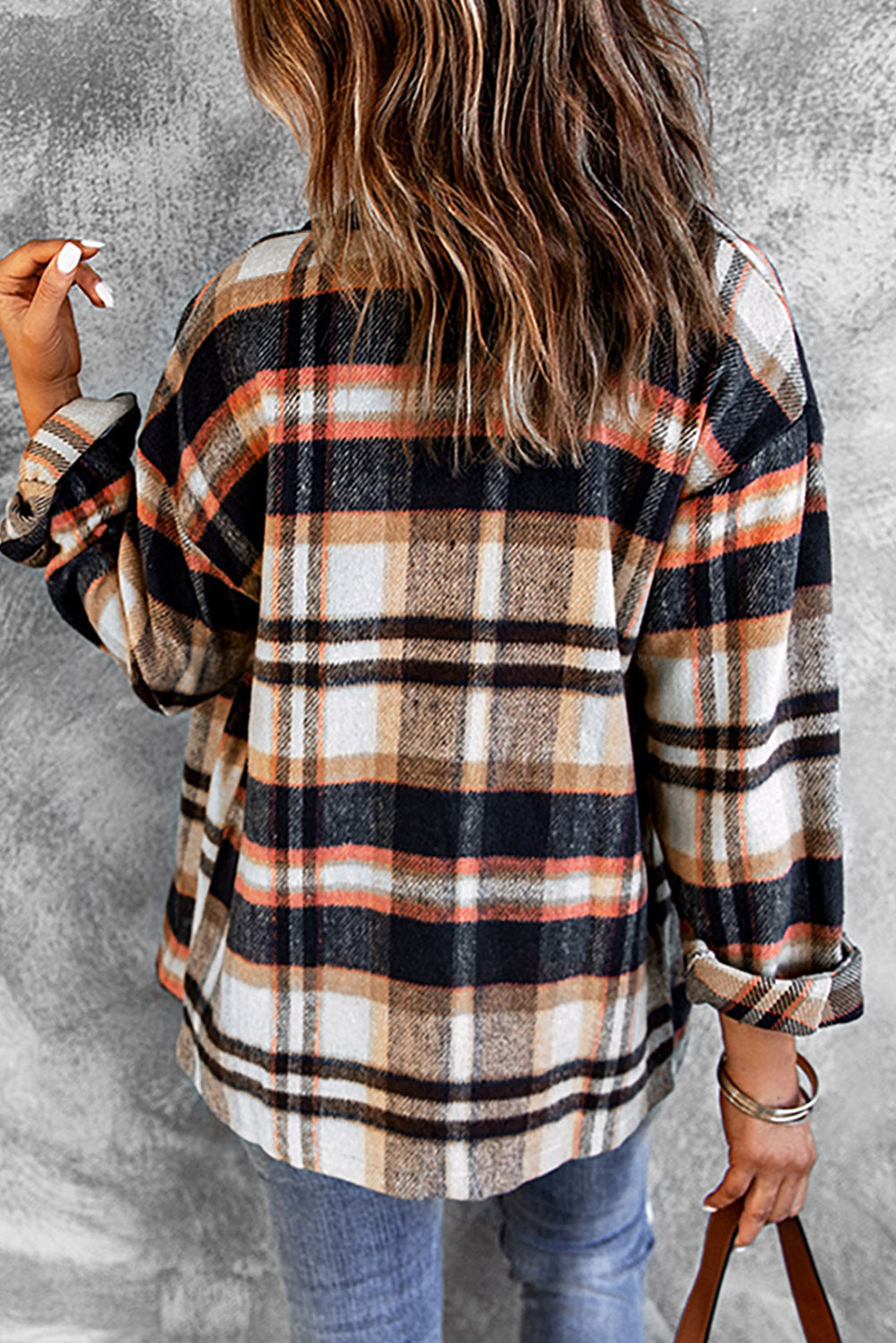 Geometric Plaid Print Pocketed Shacket Secondary image
