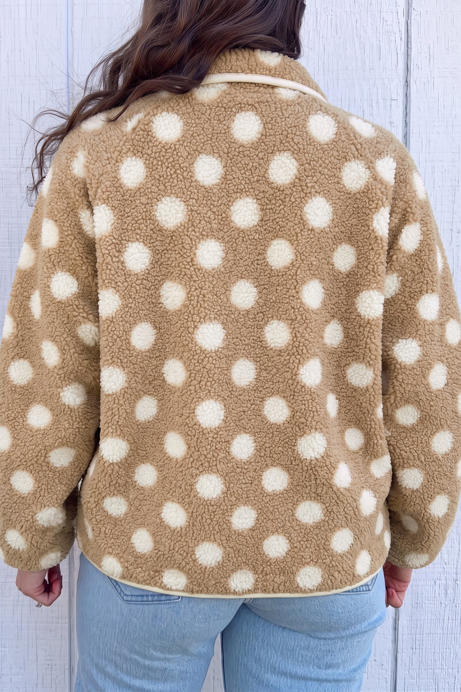 Khaki Polka Dot Faux Fur Metal Button Placket Shift Silhouette Jacket Secondary image
