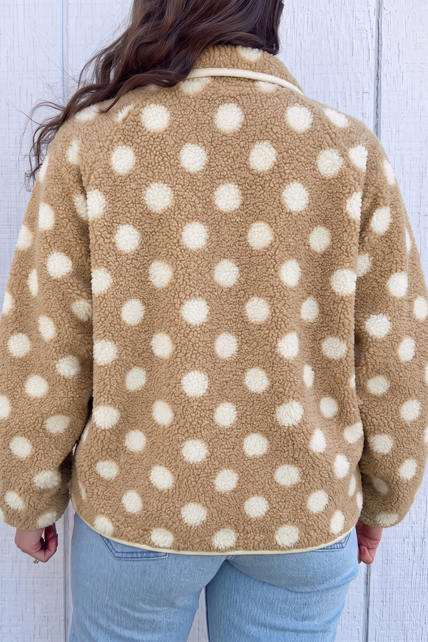 Khaki Polka Dot Faux Fur Metal Button Placket Shift Silhouette Jacket