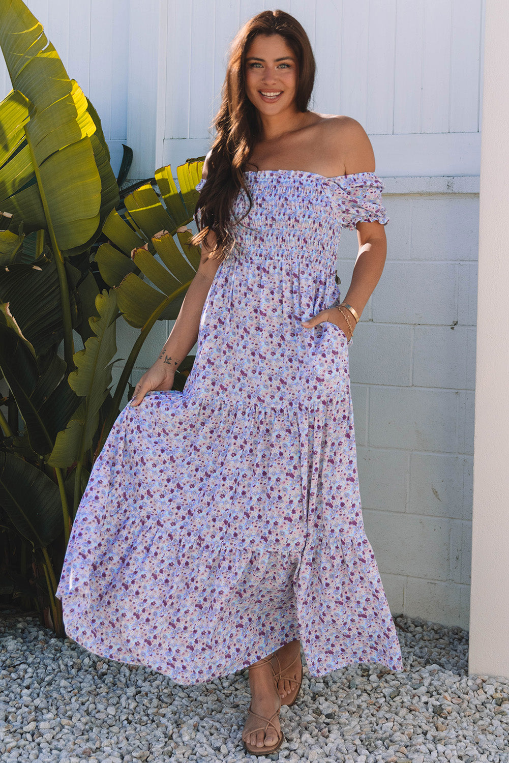 Purple Floral Short Bubble Sleeve Shirred High Waist Maxi Dress Main image