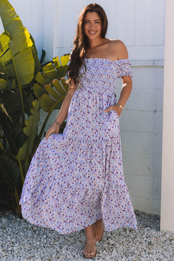 Purple Floral Short Bubble Sleeve Shirred High Waist Maxi Dress