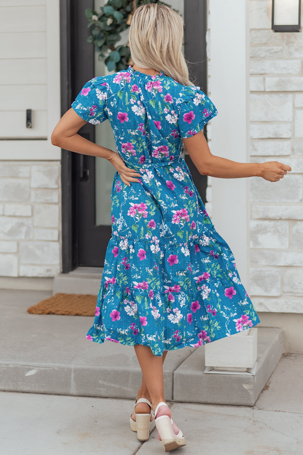 Blue 100% Cotton Floral Flutter Sleeve Button Tie Split Neck Belted Long Dress