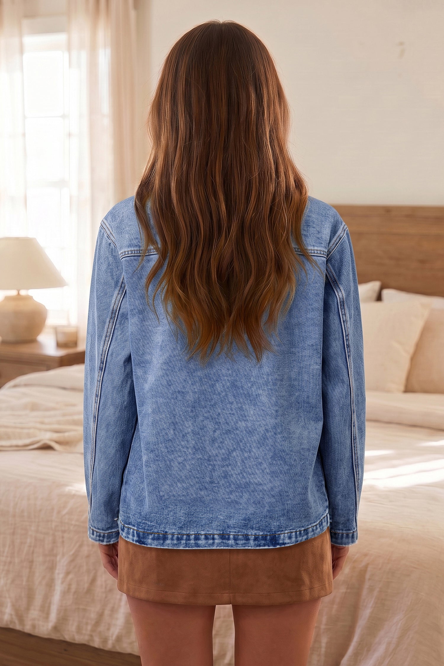 Sky Blue Patchwork Faux Leather Collar Long Sleeve Denim Jacket Secondary image