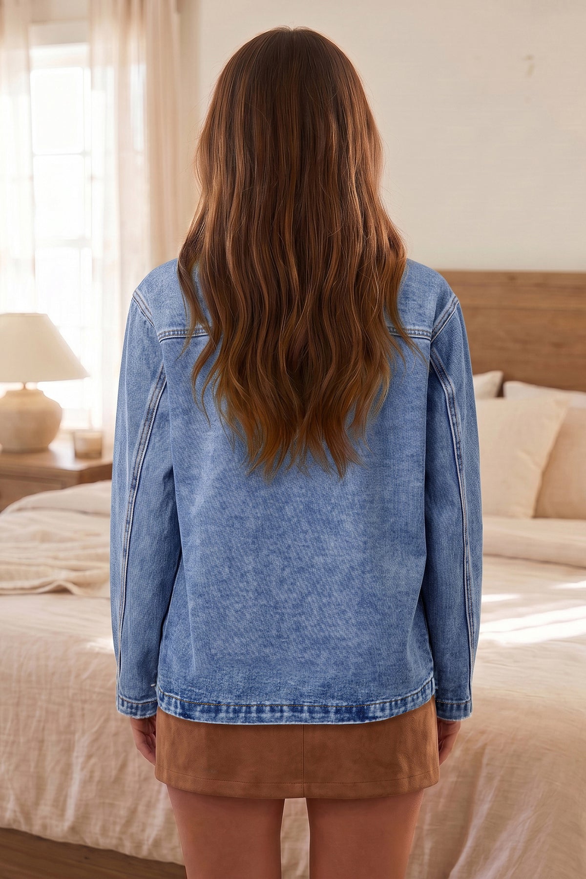 Sky Blue Patchwork Faux Leather Collar Long Sleeve Denim Jacket