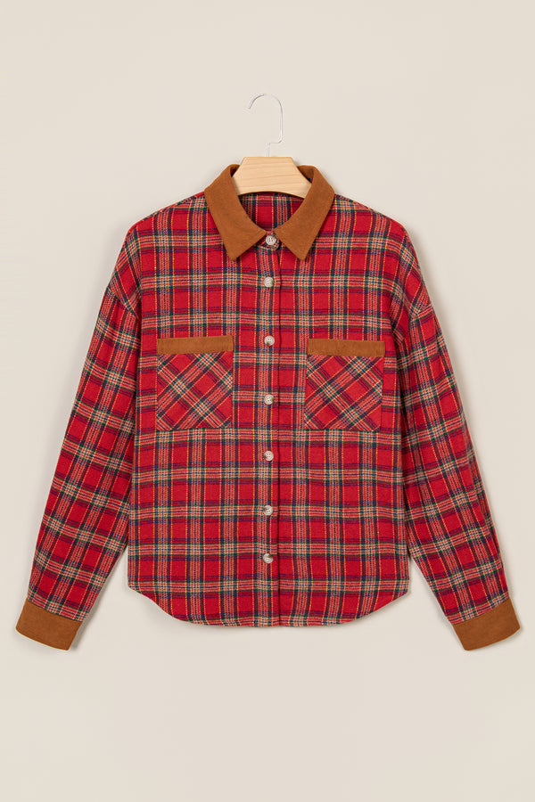Red Casual Plaid Color Block Collared Button Shacket