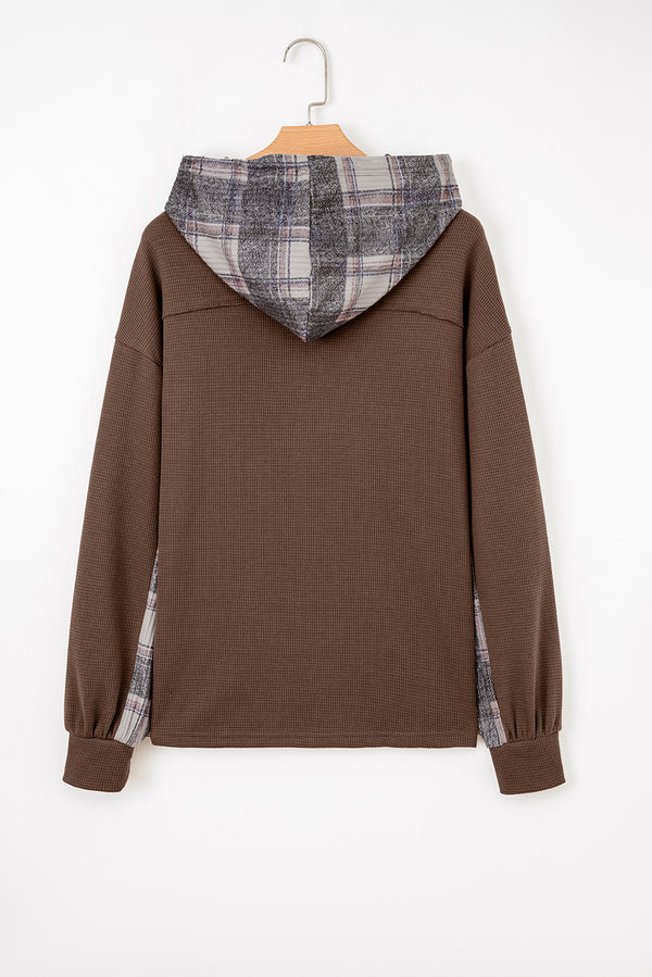 Brown Plaid Patchwork Button Down Drawstring Hooded Shacket