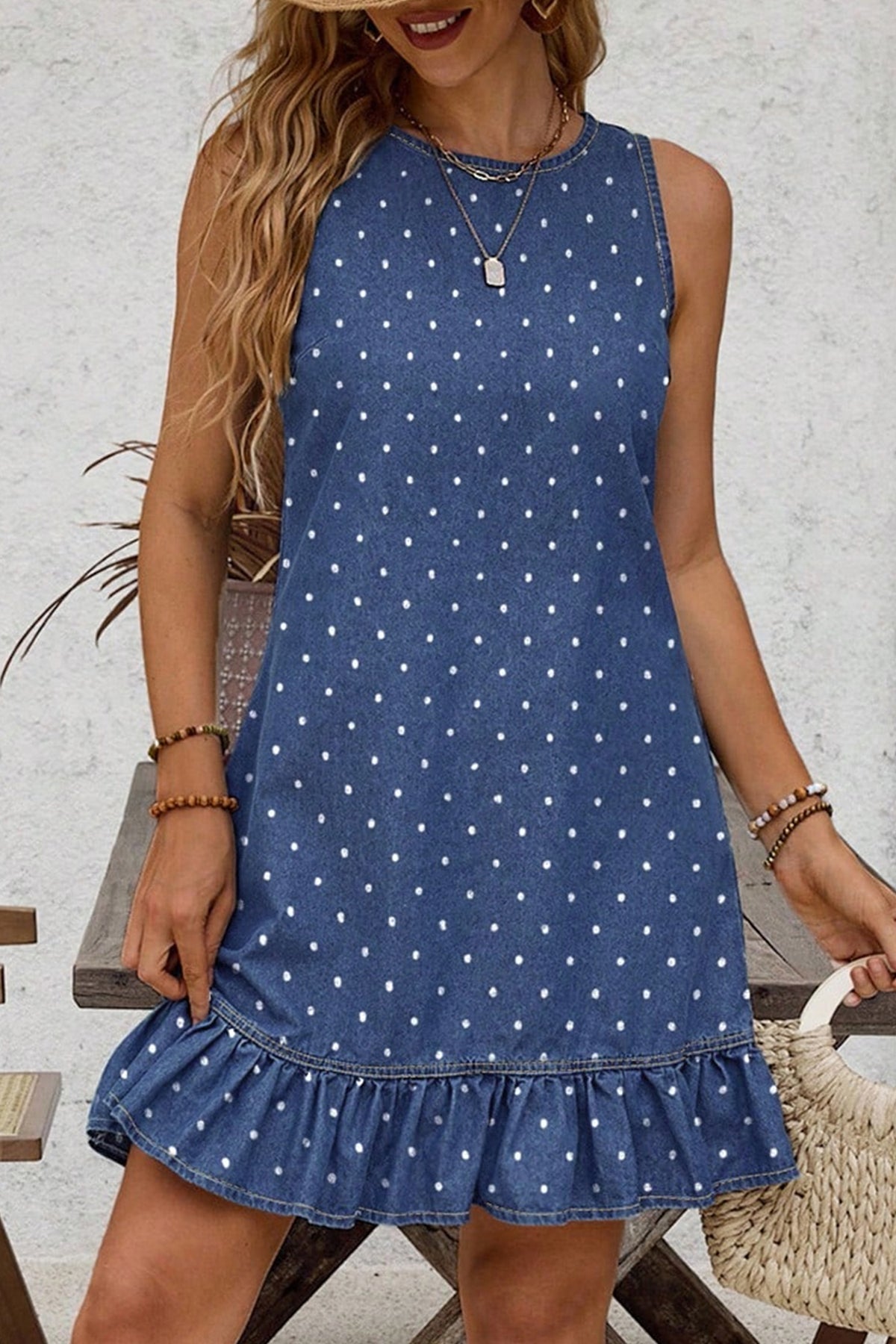 Blue Polka Dot Ruffle Hem Sleeveless Denim Mini Dress Main image