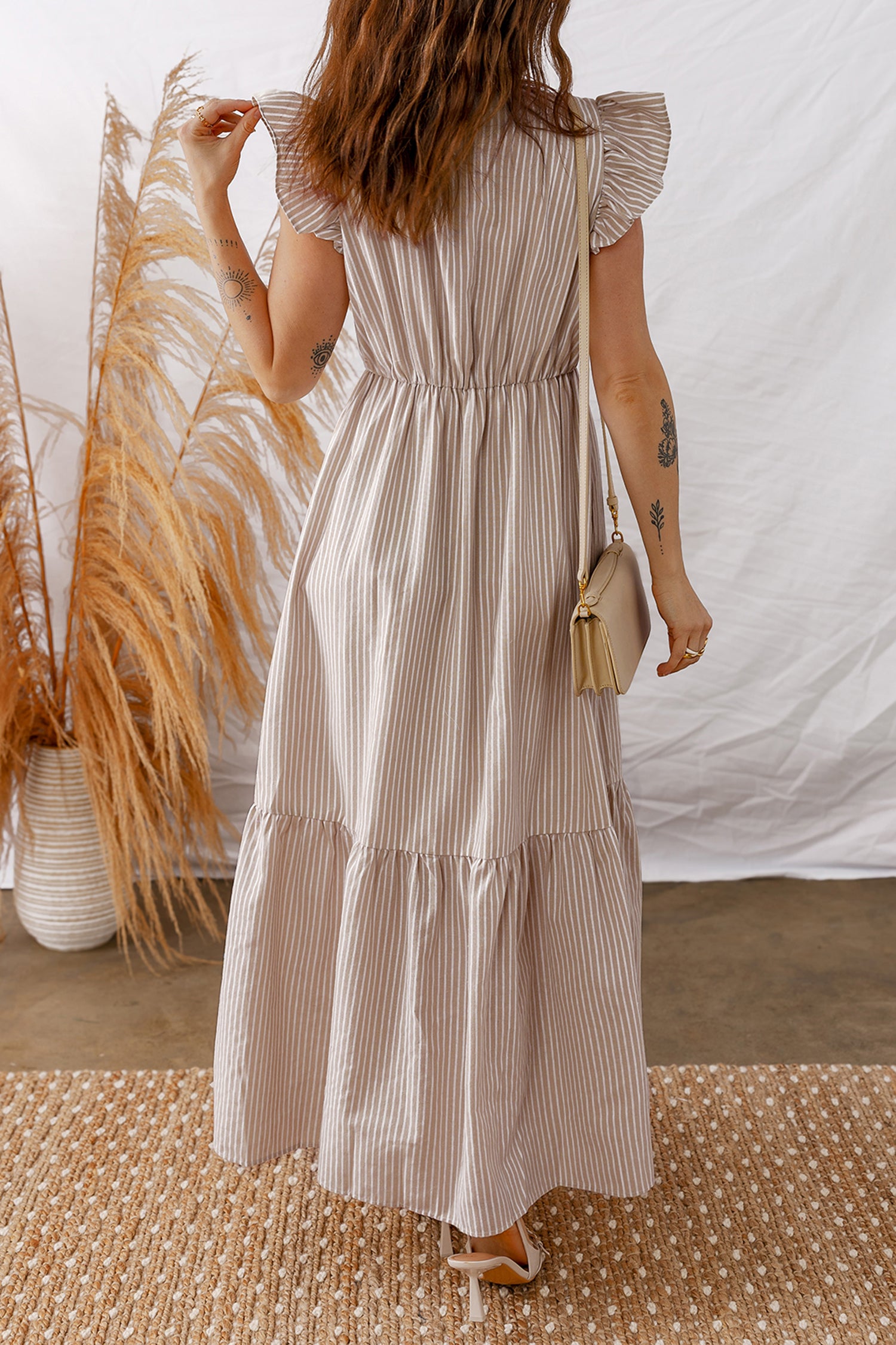 Khaki Stripe Flutter Sleeve Buttoned Front Slit Maxi Dress Secondary image