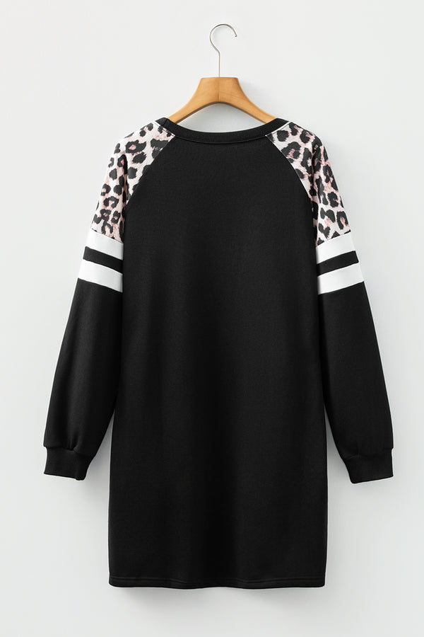 Black Leopard Print Patchwork Varsity Raglan Sleeve Sweatshirt Dress