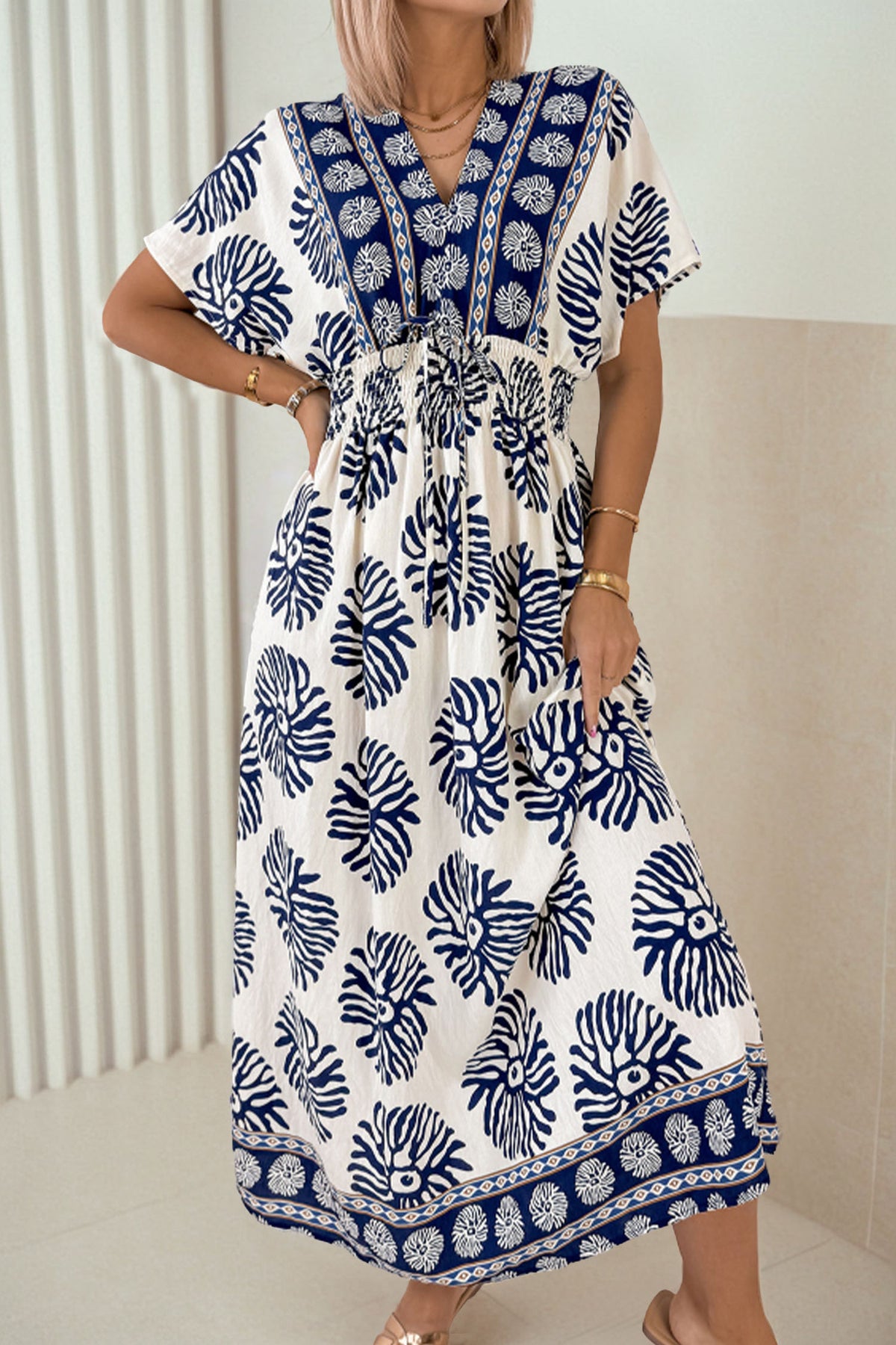 Blue Boho Floral Print Contrast Patchwork V Neck Dolman Maxi Dress Main image