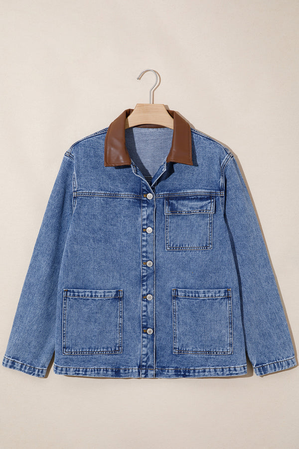 Sky Blue Patchwork Faux Leather Collar Long Sleeve Denim Jacket