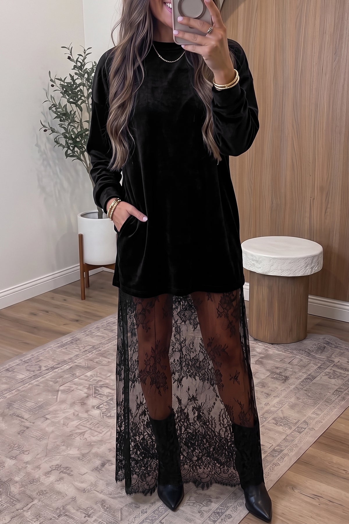 Black Velvet Long Sleeve Lace Splicing Hem Shift Maxi Dress Main image