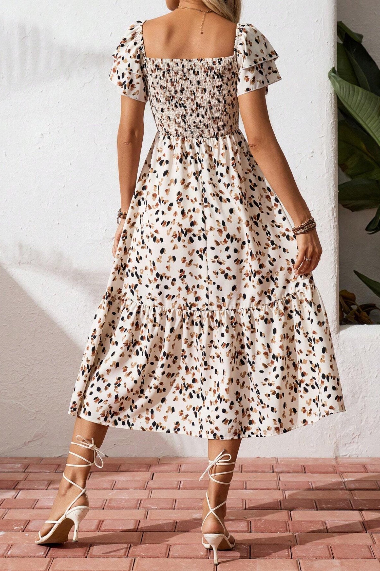 Beige Ditsy Floral Print Smocked Square Neck Ruffle Short Sleeve Dress Secondary image