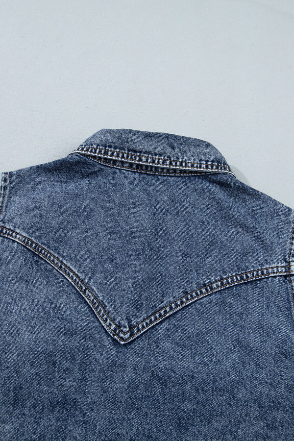 Ashleigh Blue Solid Denim Button Front Pocket Sleeveless Cowboy Vest