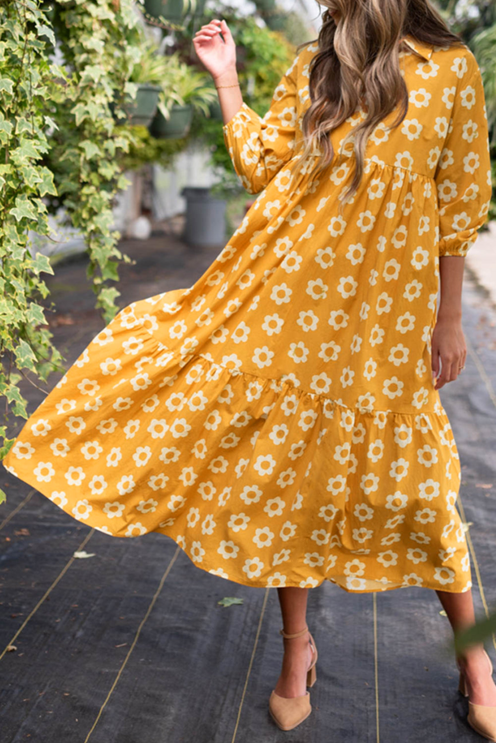Yellow 100% Cotton Flower Print Bracelet Sleeve Buttons Collared Maxi Dress