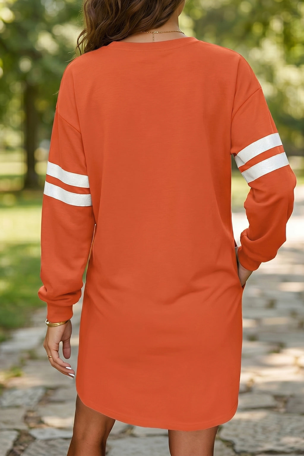 Tillandsia Purple Varsity Contrast Banded Sleeve Shift Sweatshirt Dress