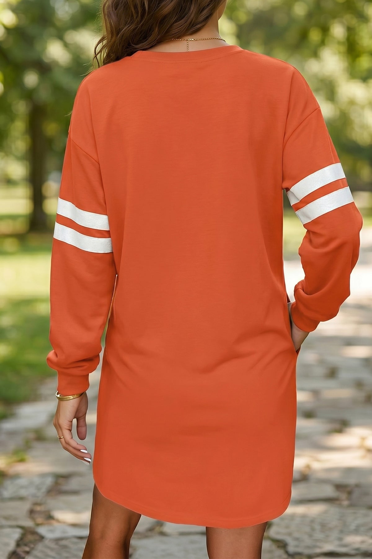 Tillandsia Purple Varsity Contrast Banded Sleeve Shift Sweatshirt Dress