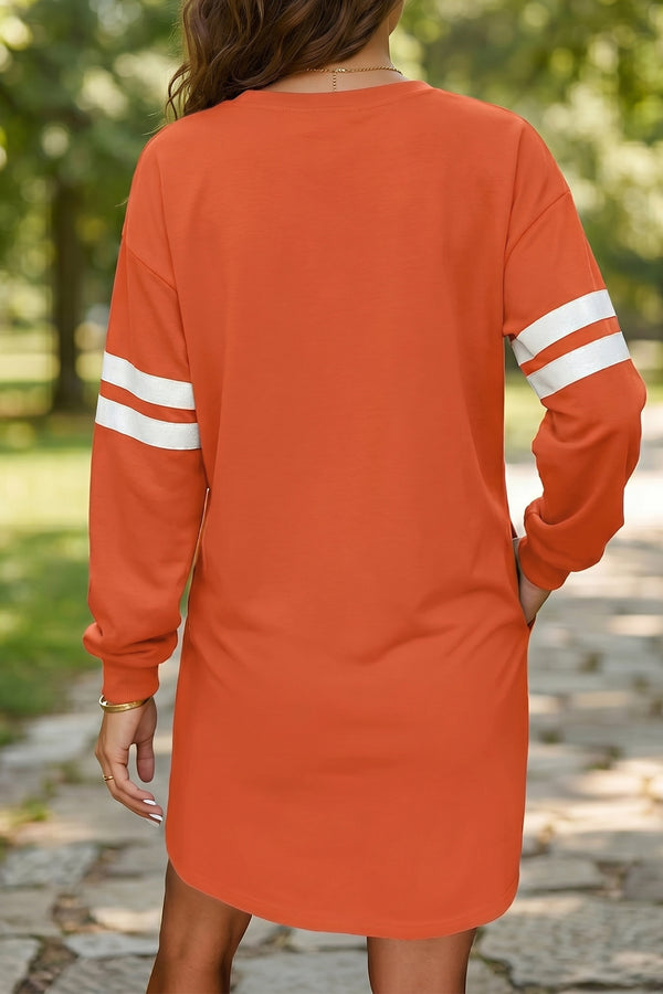 Tillandsia Purple Varsity Contrast Banded Sleeve Shift Sweatshirt Dress