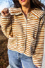 Brown Stripe Striped Fleece Button Front Long Sleeve Regular Fit Jacket