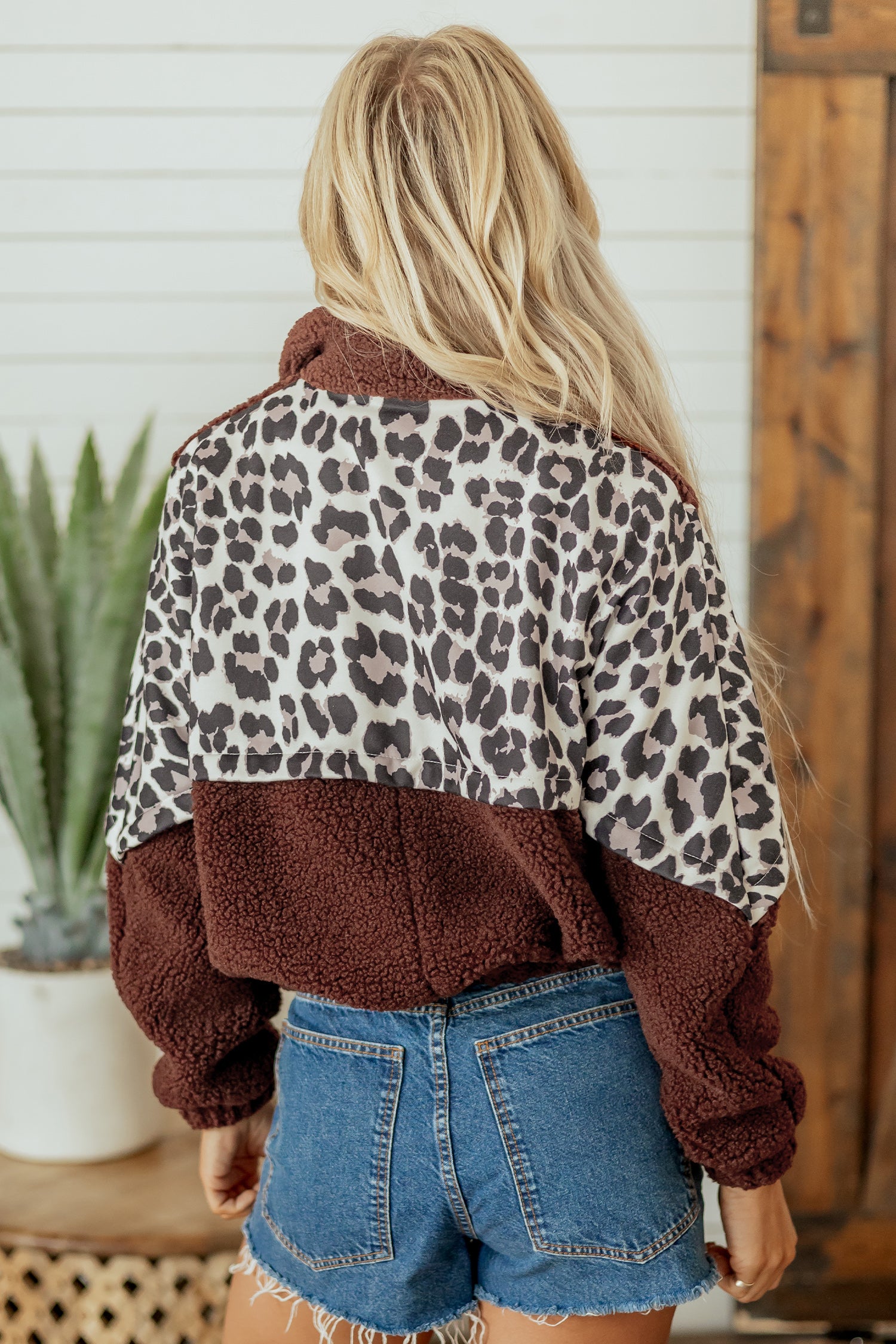 Coffee Leopard Patchwork Fleece Western Style Zip-up Collar Jacket Secondary image