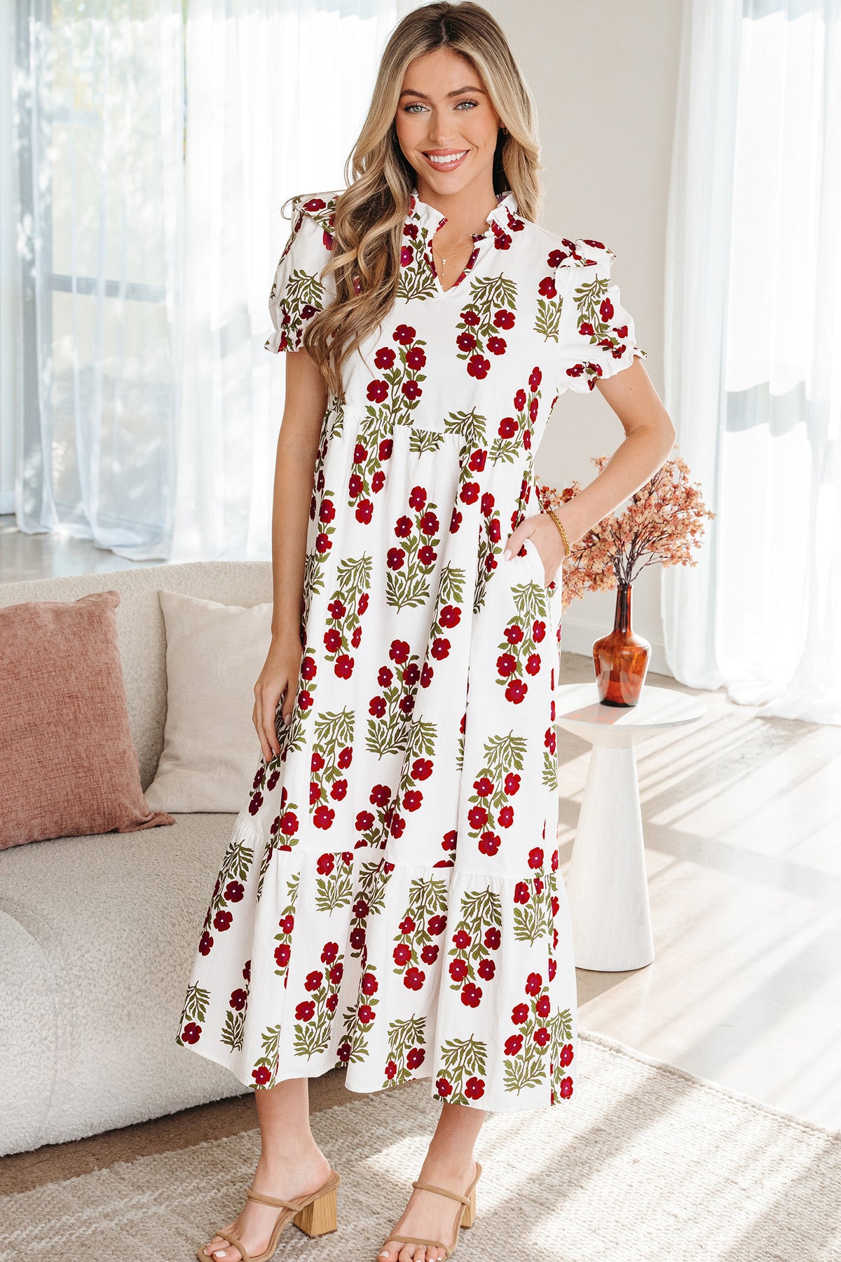 Beige Floral Short Bubble Sleeve Tiered Maxi Dress Main image
