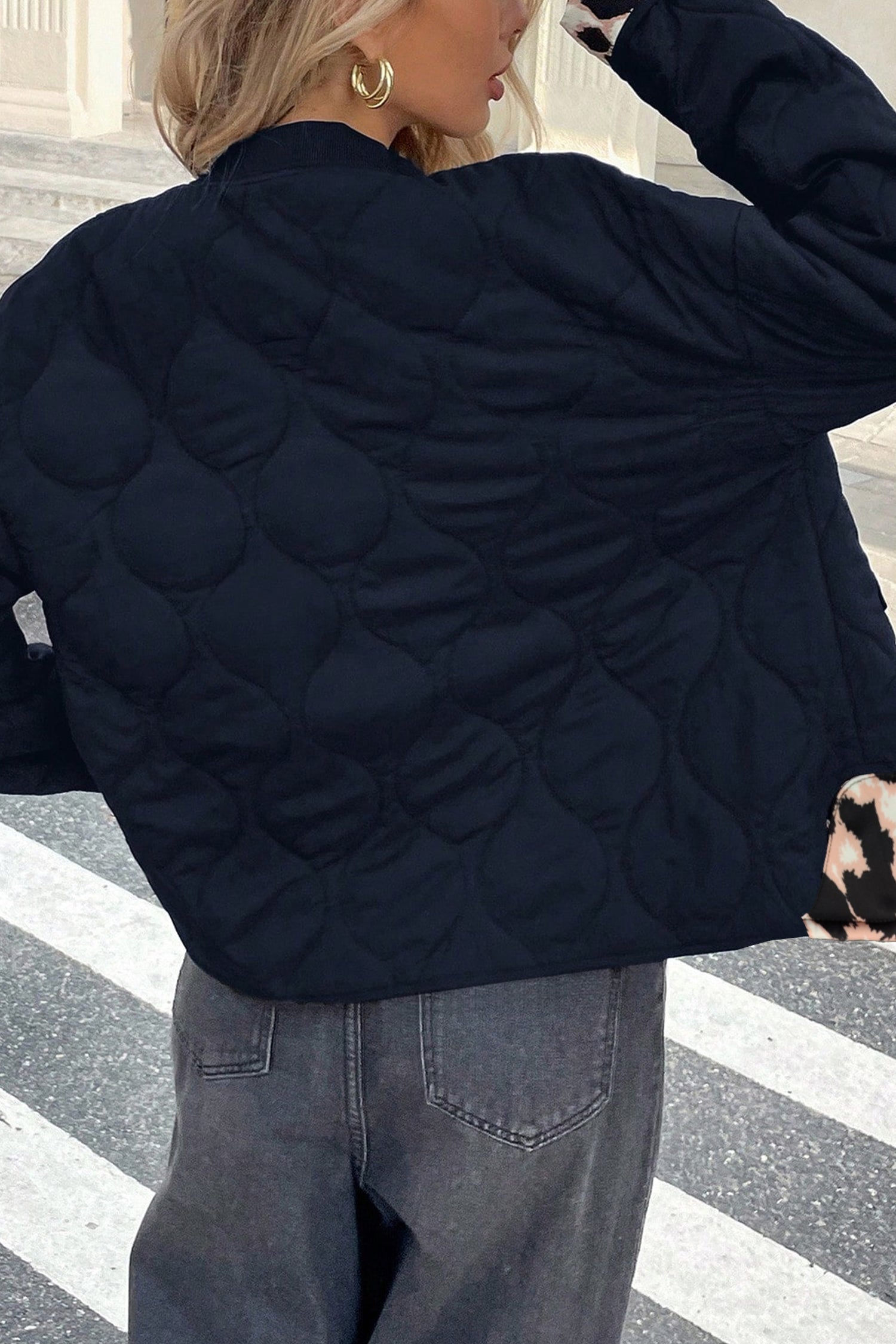 Black Retro Quilted Leopard Cuff Button Down Puffer Jacket Secondary image