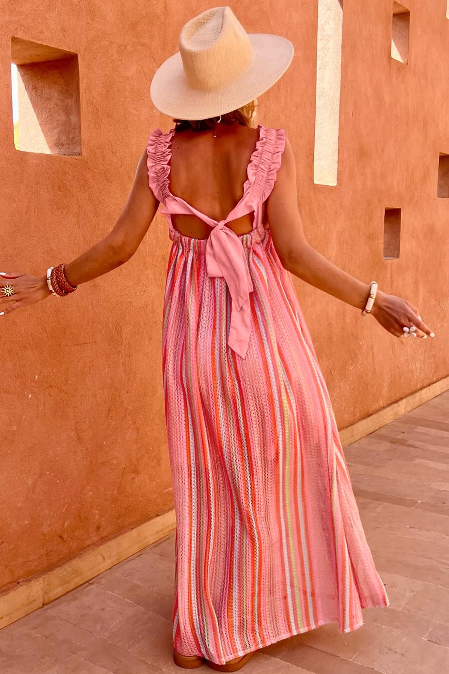 Pink Stripe Ruffled Straps Ribbon Knot Flowy Vacation Maxi Dress Secondary image